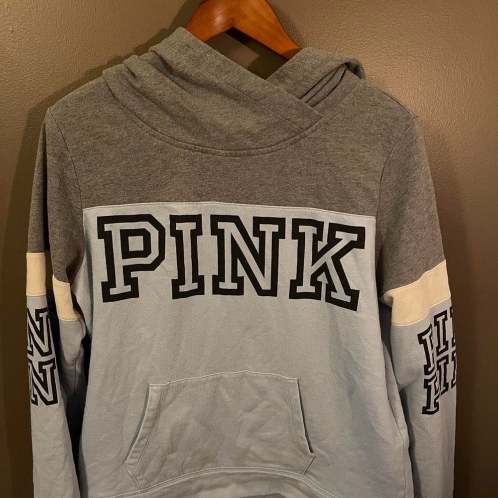 PINK Victoria's Secret Gray and Light Blue Colorblock Hoodie